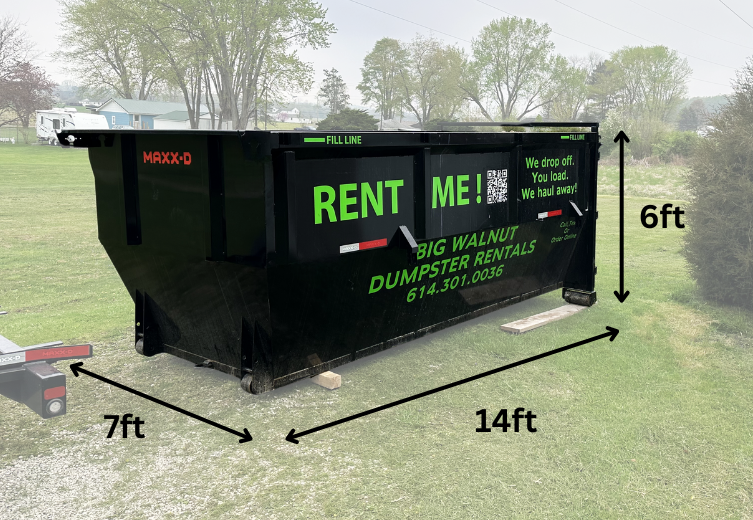 Big Walnut Dumpster Rentals 14-yard roll-off container in Columbus showing 14x7x6 exact size dimensions.